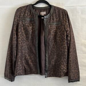 Chico’s Leopard Print Moto Jacket Size 1 M Brown Faux Leather Trim Animal Chic